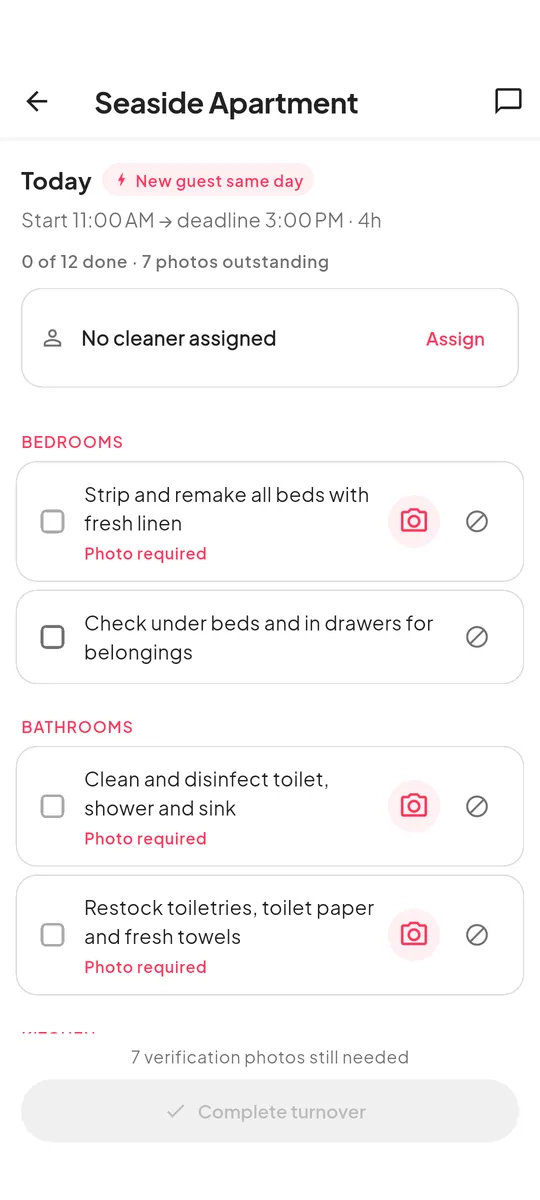 A turnover opened on its checklist, grouped by room, several tasks marked photo required.